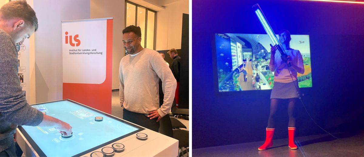 links: Eyaiu Hassen/ILS am Multitouch-Tisch; rechts: Rebecca Klopsch/IGZ beim Science Slam | © Agrarsysteme der Zukunft